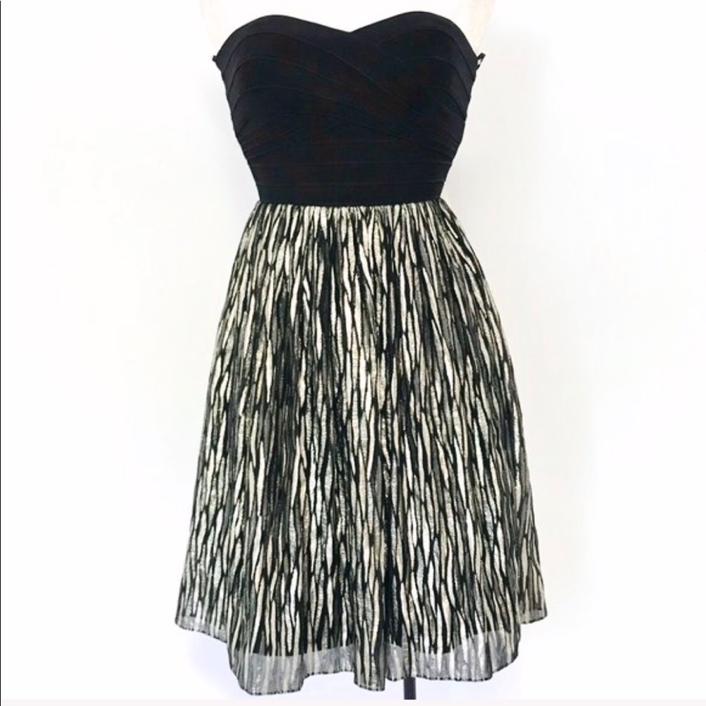 Anthropologie XS/S Metallic Tube Dress Black Gold Strapless Erin Featherston